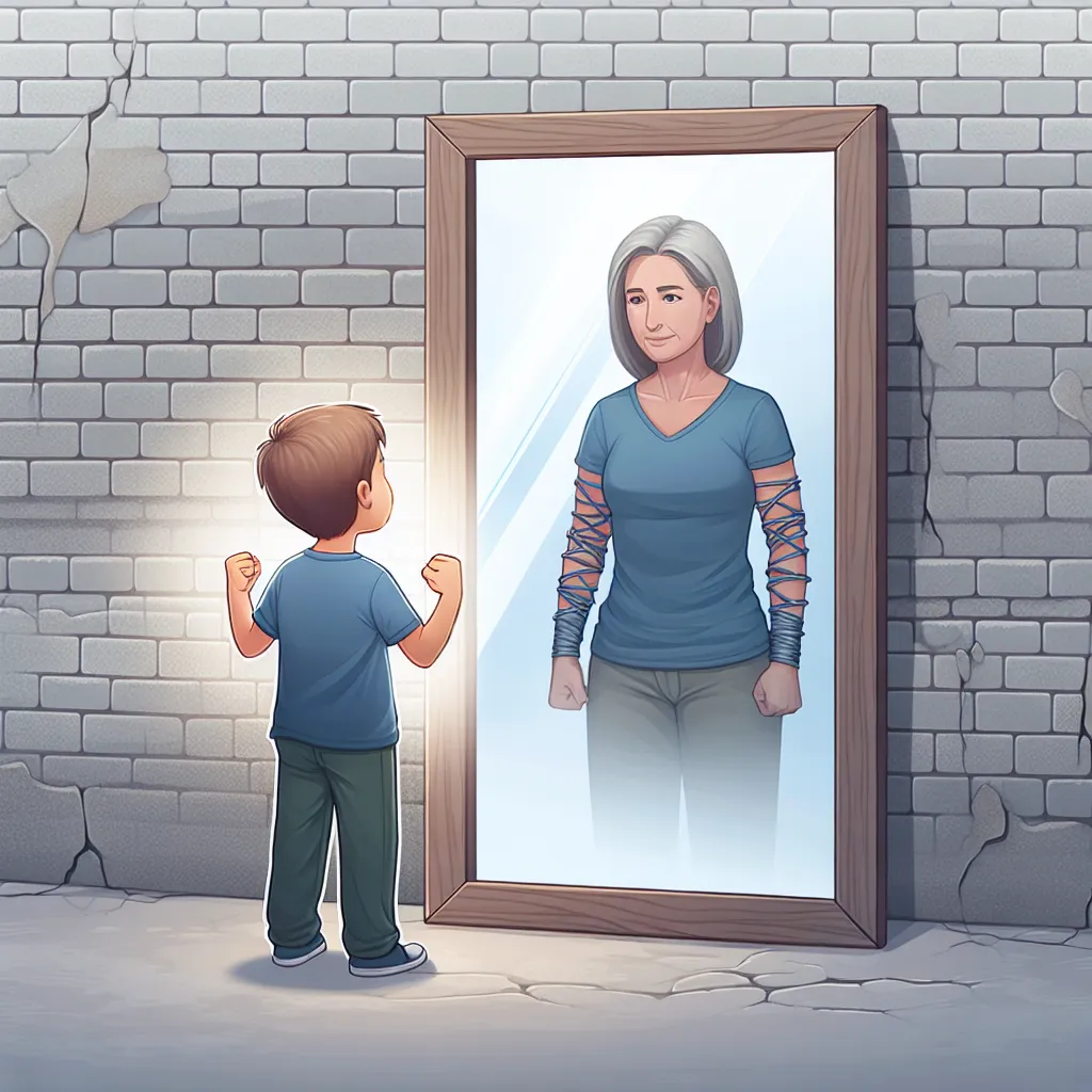 An image of a young boy named Jason standing in front of a mirror, transformed into a woman named Maria, with a sense of resilience in his eyes.