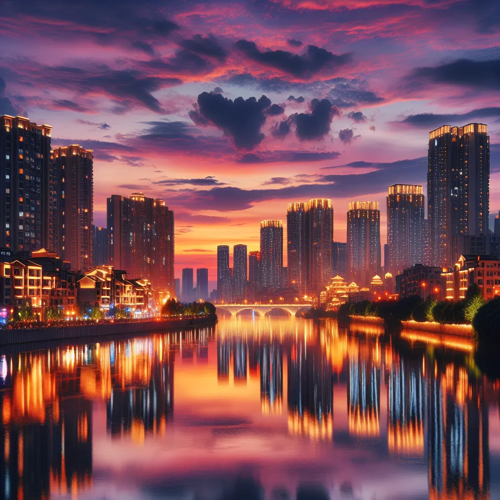 Title: "City Sunset Reflection"

Description: A serene cityscape at dusk, bathed in the warm hues of the setting sun. Tall buildings with twinkling lights are mirrored in the calm waters of a river, creating a stunning reflection. The sky is aglow with shades of orange and purple, while a few fluffy clouds add a touch of whimsy.