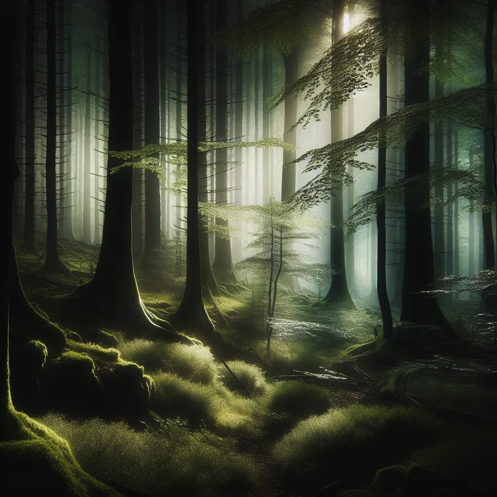 A mysterious and enchanting forest bathed in soft, ethereal light, capturing the essence of nature's tranquility.