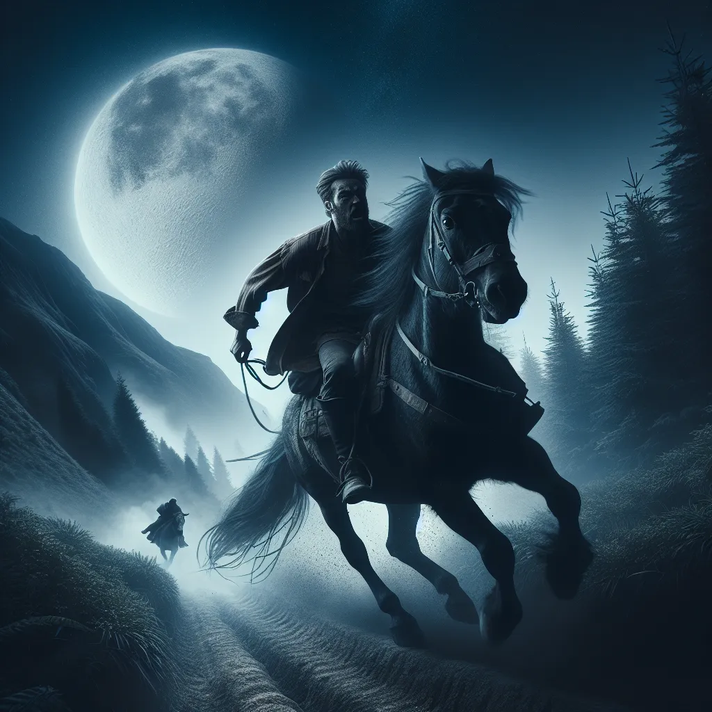 A thrilling image capturing a desperate nighttime escape on horseback. The moon casts eerie shadows on the rugged terrain as John, pursued by unseen enemies, races through a dense forest. His heart pounding, he clings to the horse's reins, navigating the perilous path. The anticipation is palpable, with every whisper of the wind feeling like the breath of an unseen predator. The image showcases the intense bond between man and horse, as they conquer obstacles and forge an unbreakable alliance in