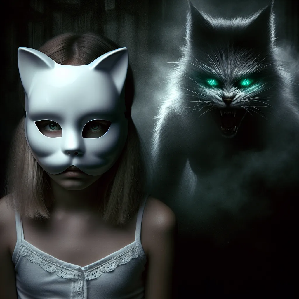 Title: The Masked Shadows

Description: An eerie image depicting a young girl, Miyo, wearing a white cat mask. Dark shadows surround her, casting a sinister atmosphere. In the background, a feline figure lurks, its emerald eyes gleaming with malevolence. The image captures Miyo's struggle against the forces of darkness and her desperate quest to reclaim her lost humanity.