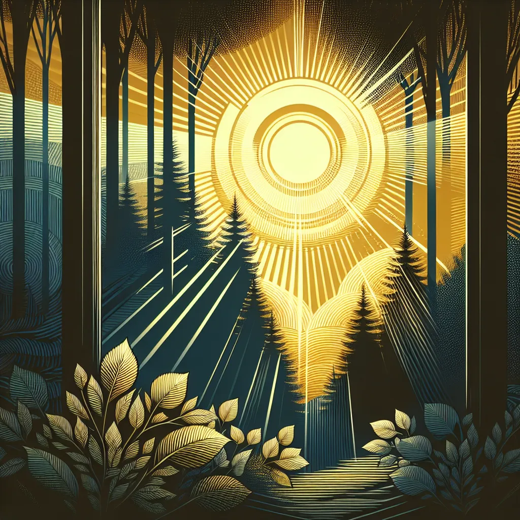 An abstract illustration of a serene forest at sunset, with rays of golden light filtering through the trees.