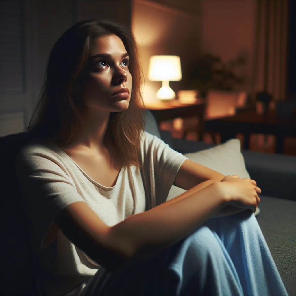 This image should represent a young woman, Brittany Nicole, sitting on a dimly lit couch in a living room at night. She is tired and emotionally exhausted, gazing upward with a sense of contemplation and uncertainty.