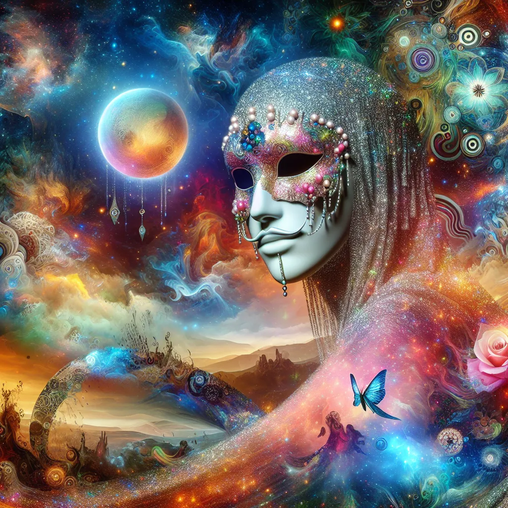 A vibrant, surreal image of a young woman named Bella, adorned in glittering attire, surrounded by cosmic landscapes and mythical beings, symbolizing her journey of self-discovery and infinite exploration.