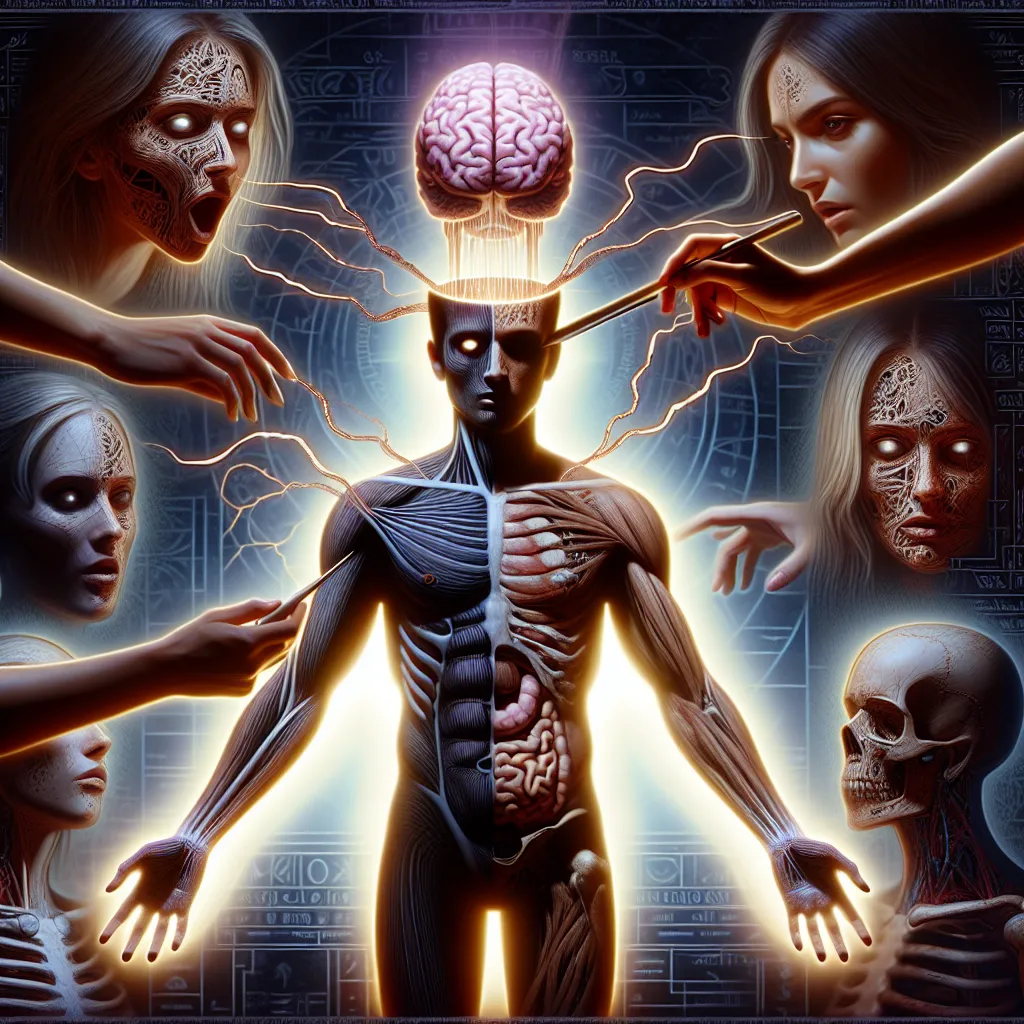 Please generate an image based on the horror short story "A New Life for Touma, and Freedom for Gensei" where Kamijou Touma's consciousness is transplanted into Misaka Mikoto's body by Kihara Gensei, with themes of identity, dysphoria, and mind control. The image should capture the psychological and existential terror of Touma struggling with his new body and the insidious control imposed by Gensei, emphasizing the conflict between Touma's true self and the persona he is forced to portray.