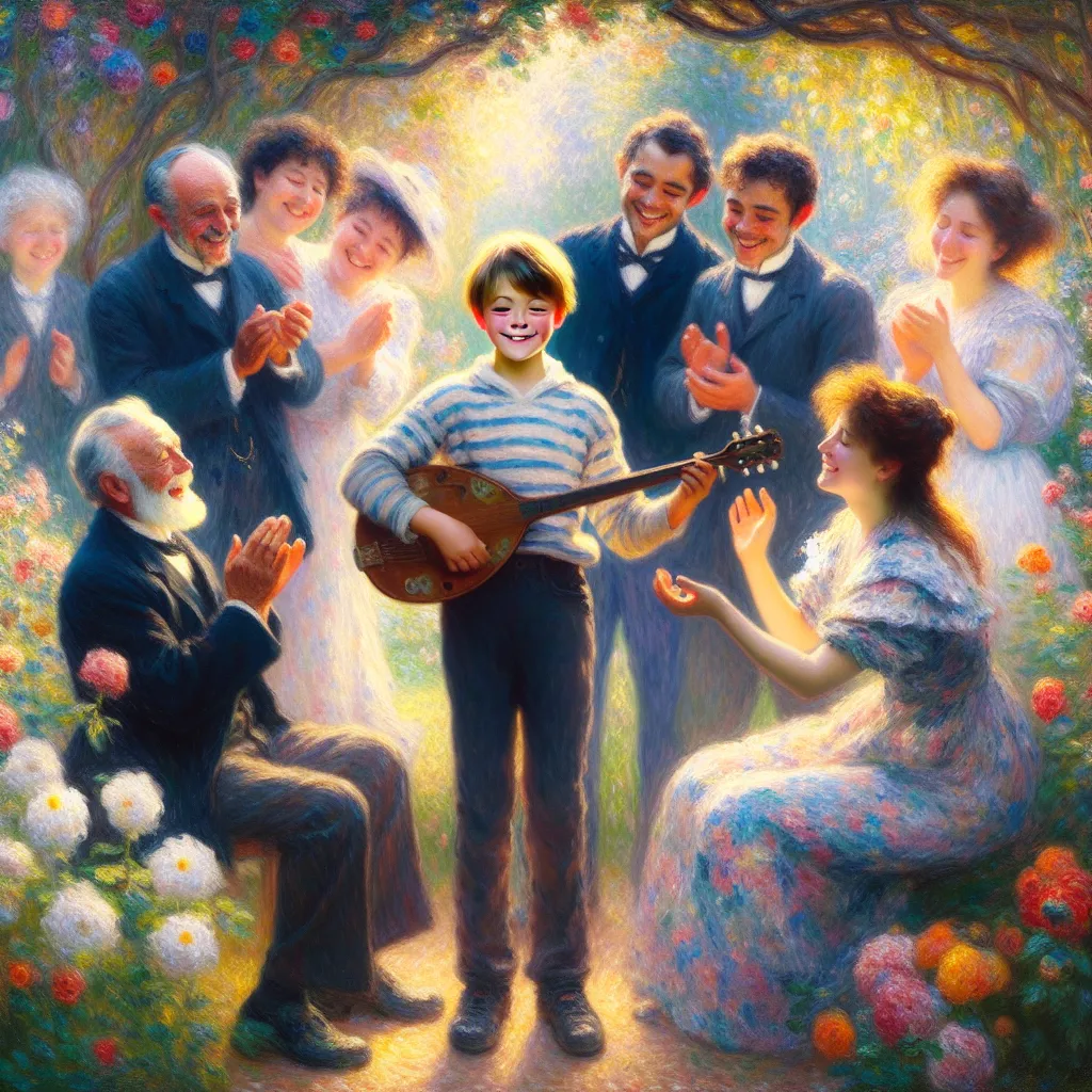Boy, Transformation, Family, Music, Acceptance in the style of Monet