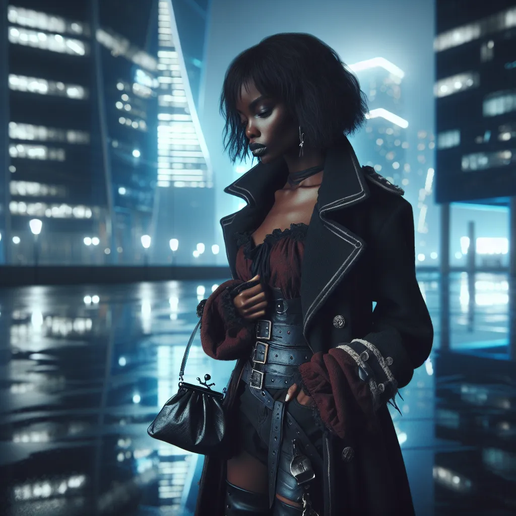 A black woman, Sheryl, stands alone in the cold night, wearing a skimpy pirate costume and holding a small black purse. She finds herself in an unfamiliar city, searching for help while reflecting on her identity and memories from her previous life before her transformation. Sheryl remains hopeful and determined to face whatever challenges come her way.