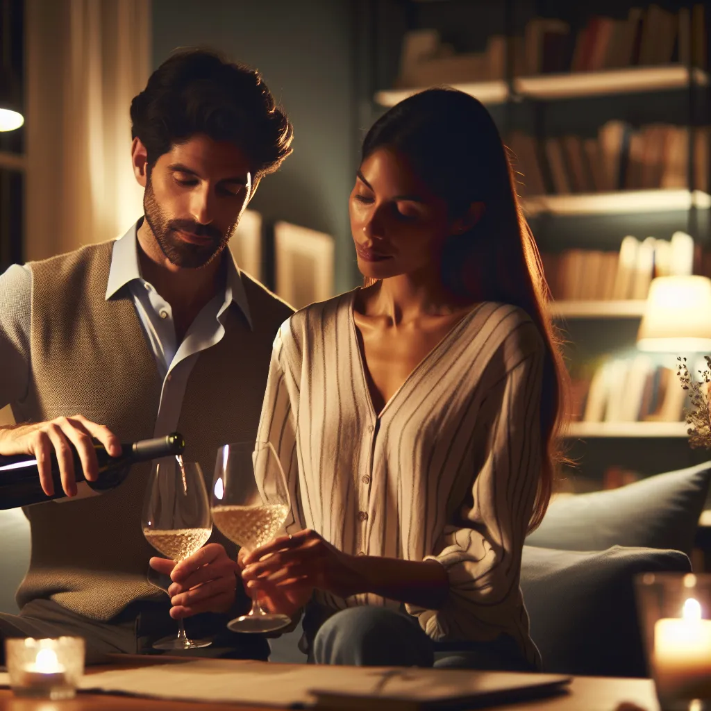 A couple shares a moment of quiet anticipation in a warmly lit living room as they pour wine into delicate glasses.