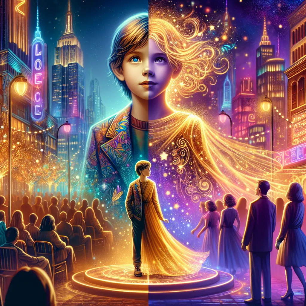 A heartwarming and transformative story of Elias Martin, a young boy who mysteriously swaps bodies with an adult woman in a golden dress at a vibrant city club. Stepping into a new life filled with challenges, love, and self-discovery, Elias navigates the complexities of adulthood while honoring the memories of his past. This image should capture the essence of this magical tale blending childhood innocence with the strength and beauty of adulthood.