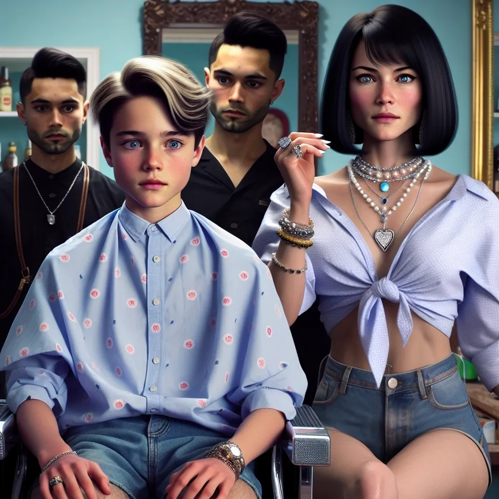 The image accompanying this story could depict a young boy named Jack, with blonde hair and blue eyes, sitting in a barber shop chair. He is surrounded by the barber, Min-Ji, who has black hair styled in a bob cut and is wearing a light blue blouse with small white dots. Min-Ji is also wearing denim shorts, high-waisted platform sandals, and several pieces of jewelry, including a gold wedding ring, a silver bracelet, pearl earrings, a diamond necklace, a sapphire ring, an anklet with charms, and