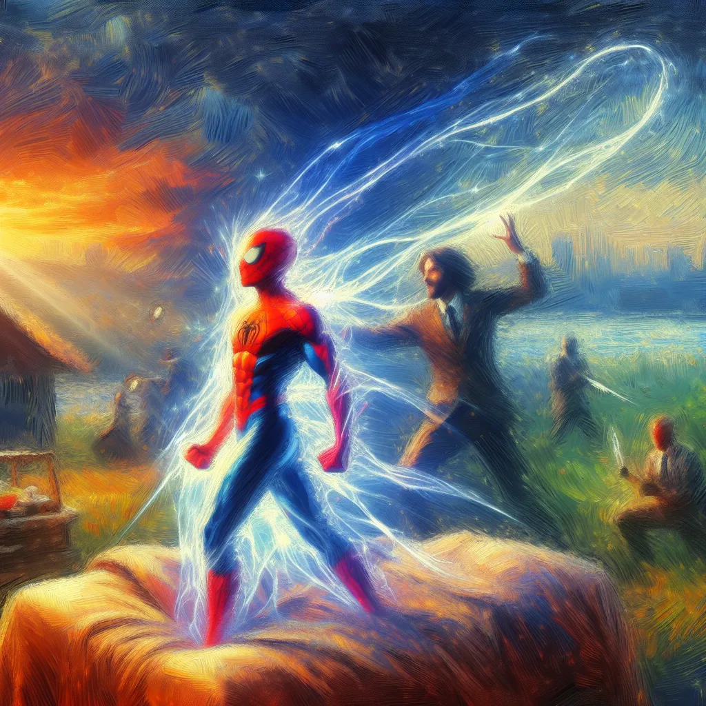 Transformation, Superpowers, Dream, Spider-Man, Villain in the style of Monet