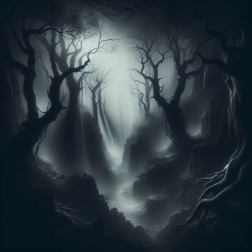 "El Abismo Desconocido" - A haunting and eerie image depicting a dark and misty forest with twisted and gnarled trees, casting long shadows over a foreboding abyss.