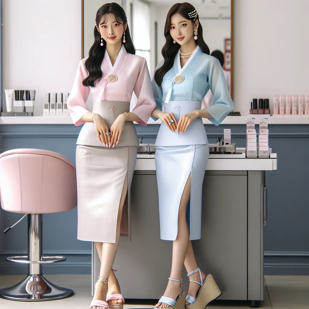 A transformed woman named Mira Lee stands in a beauty salon with her co-worker Hana Park. Both women are of Korean descent and are adorned in traditional attire. They wear fitted blouses, skirts, and platform sandals. Hana's baby blue outfit is paired with delicate anklets, while Mira's pastel pink ensemble has a brooch pinned to her blouse. They exude an air of professionalism, with Hana sporting anklets and Mira wearing elegant jewelry including a pearl ring and dangling gold earrings.