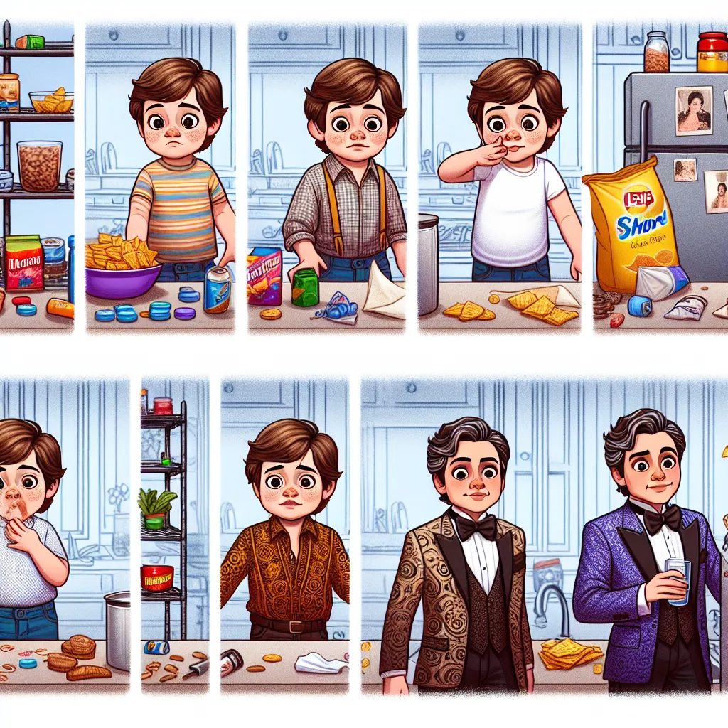 The image will depict a young boy, Matthew, exploring a tidy kitchen filled with snacks and scattered items, ultimately transforming into a grown woman, Sara, complete with elegant attire and accessories. Moments of panic, confusion, and acceptance will be captured in the evolving expressions and features of Matthew-turned-Sara, emphasizing the remarkable and magical transformation experienced in the detailed, numbered story.