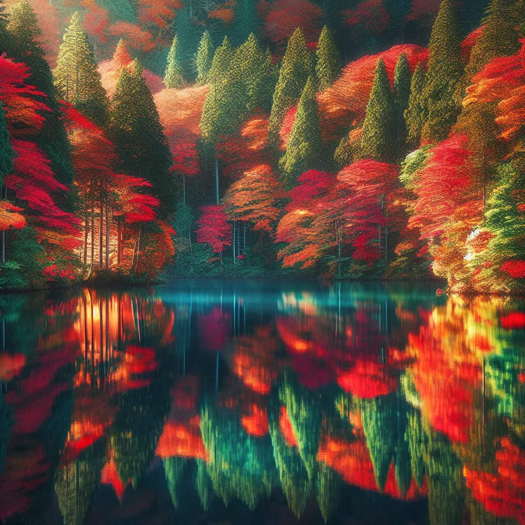 A serene lake reflecting the vibrant fall foliage surrounded by tall trees.