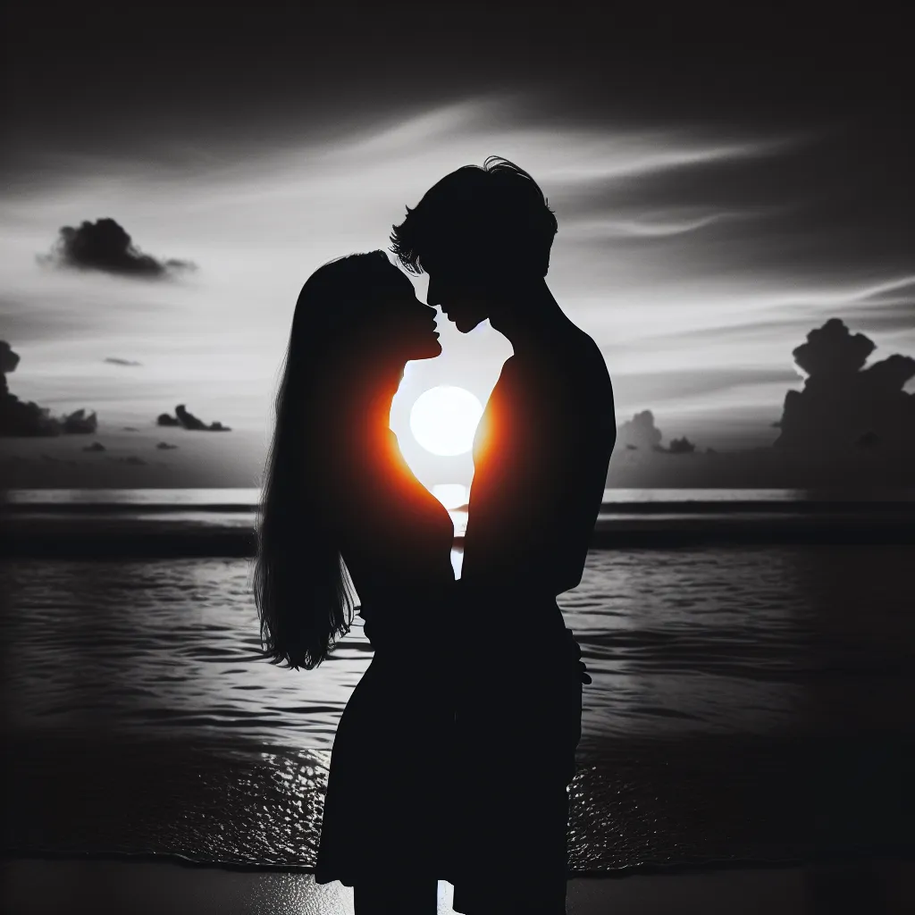 Black and white silhouette of a couple kissing in front of a vibrant sunset on the beach.