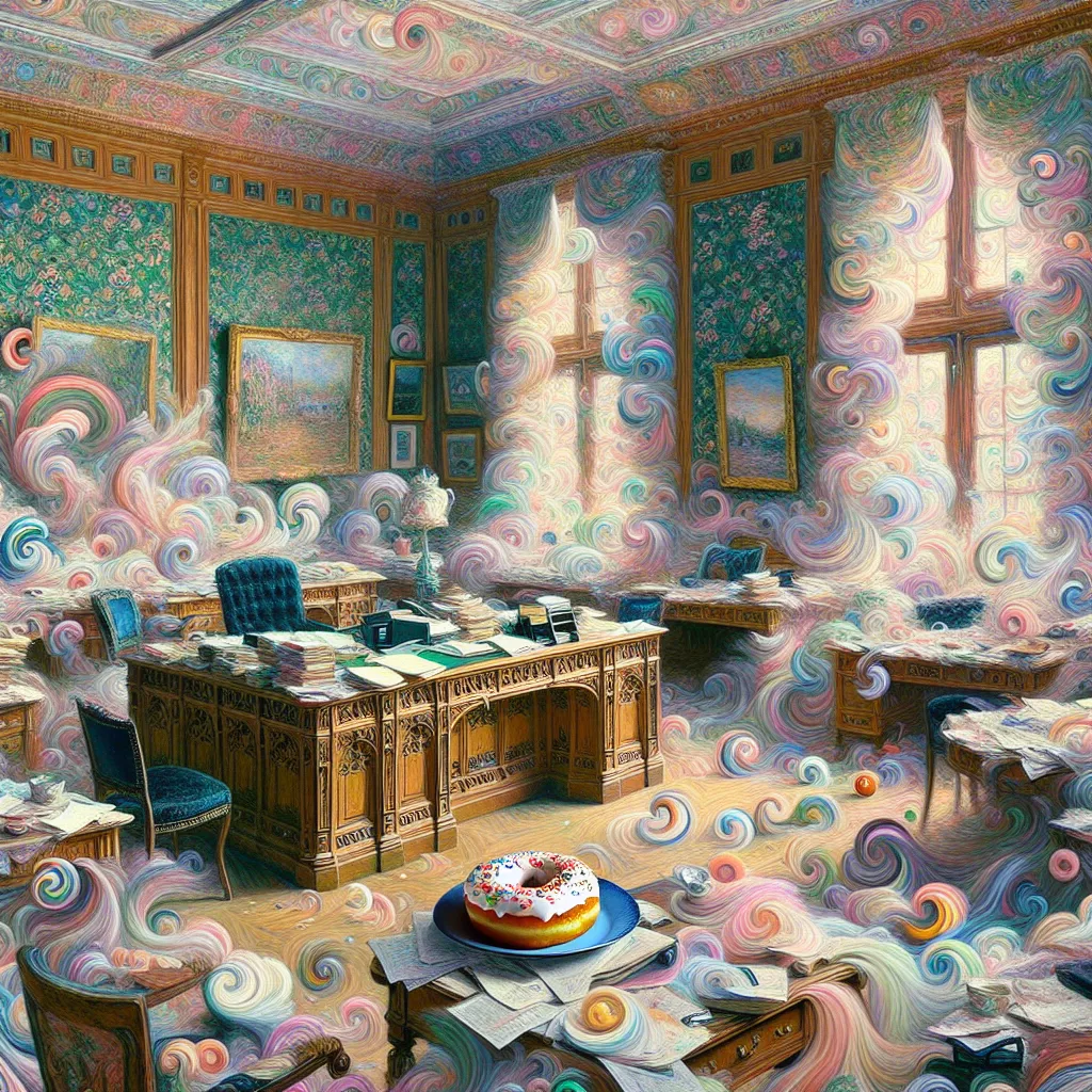 Presidential, White House, Satirical, Chaos, Donut in the style of Monet