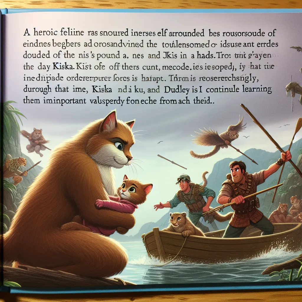 The description for the image that will accompany this story is: A brave cat named Kiska is surrounded by a gang of hooligans, holding sticks and a net. Meanwhile, Dudley, a former enemy of Kiska's, witnesses the scene and decides to step in and save her. With his strength and cleverness, Dudley manages to defeat the hooligans and rescue Kiska. From that moment on, Kiska and Dudley become the best of friends, learning important lessons from each other about bravery, perseverance, and compassion.