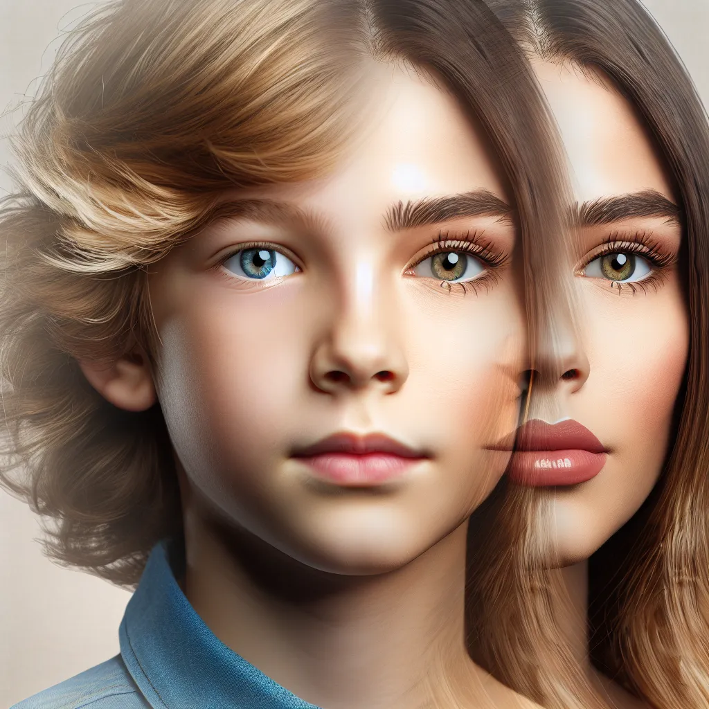 An image that could accompany this story is a composite image of a young boy and a woman's face merged together. The boy's features, such as his sandy blonde hair and light blue eyes, gradually blend with the woman's features, such as her chestnut brown hair and hazel eyes. The image represents the transformation and journey of the boy named Timmy, who finds himself living in the body of a woman named Caroline. The blending of their faces symbolizes the merging of their identities and the resili