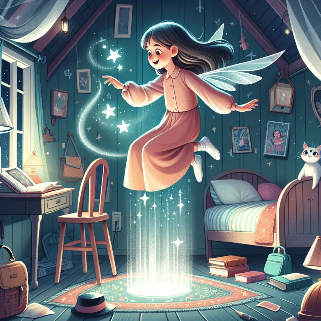 An imaginative girl named Elara discovers a mysterious device that inflates her belly, leading to a magical adventure of floating and wonder in her childhood home.