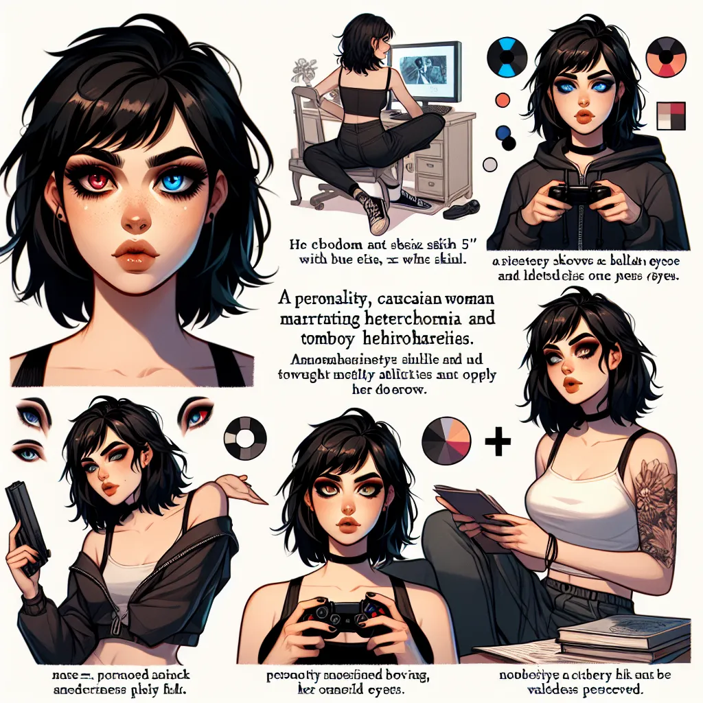 This image should depict a young woman with black hair and pale skin, standing at 5'2". She should have heterochromia, with one blue eye and one red eye. The woman should have a carefree, sassy personality with tomboy traits. The image should convey a sense of mischief without hostile intentions. She might be depicted with a playful expression or engaging in an activity that reflects her interests, such as playing video games, reading, or watching movies. The image should capture the essence of 