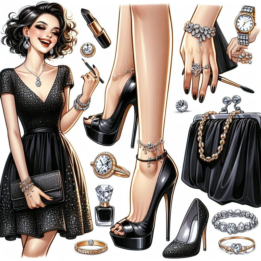 The image accompanying this story could show a happy, confident, and elegant woman named Julia. She is dressed in an elegant yet skimpy black dress adorned with shimmering sequins, which reaches just above her knees. Julia is wearing black platform sandals with a five-inch heel adorned with small rhinestones. She is accessorized with sparkling jewelry including a diamond wedding ring, a gold necklace with a small heart pendant, pearl earrings, a silver bracelet, a diamond-studded watch, a small 