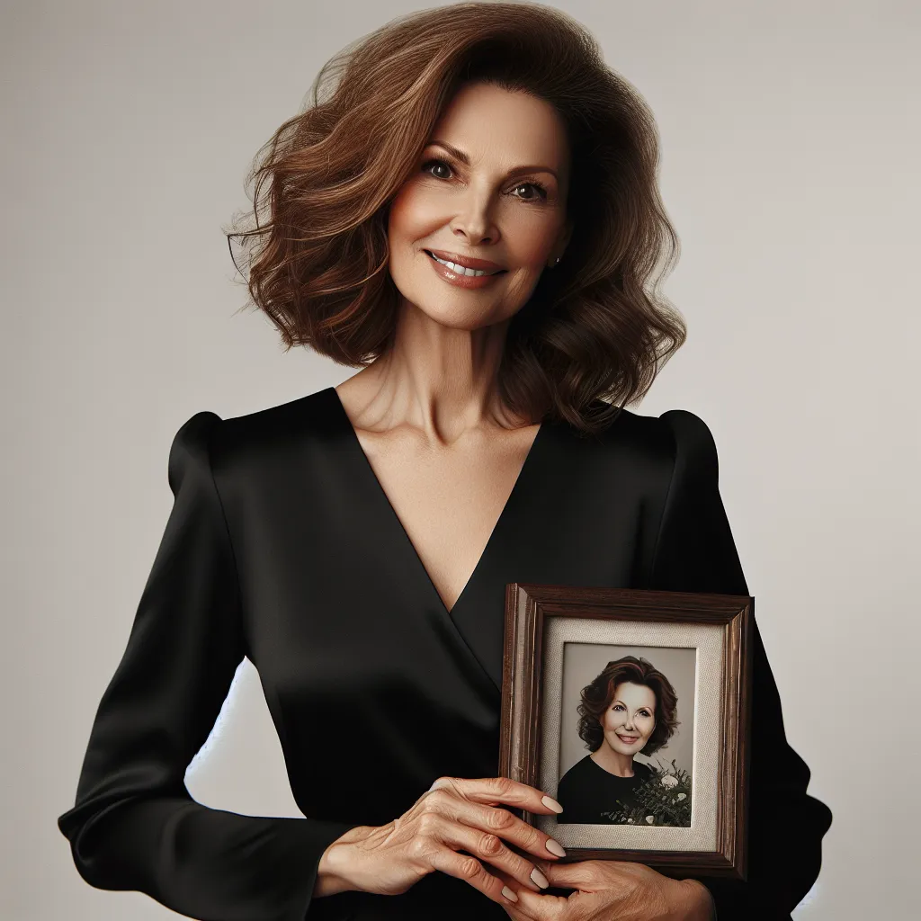 An image of a confident and elegant woman, Jessica, in her early 60s, dressed in a sleek black dress, with loose curls framing her face. She has a warm smile as she holds a framed photo of her and her husband, radiating love and contentment.