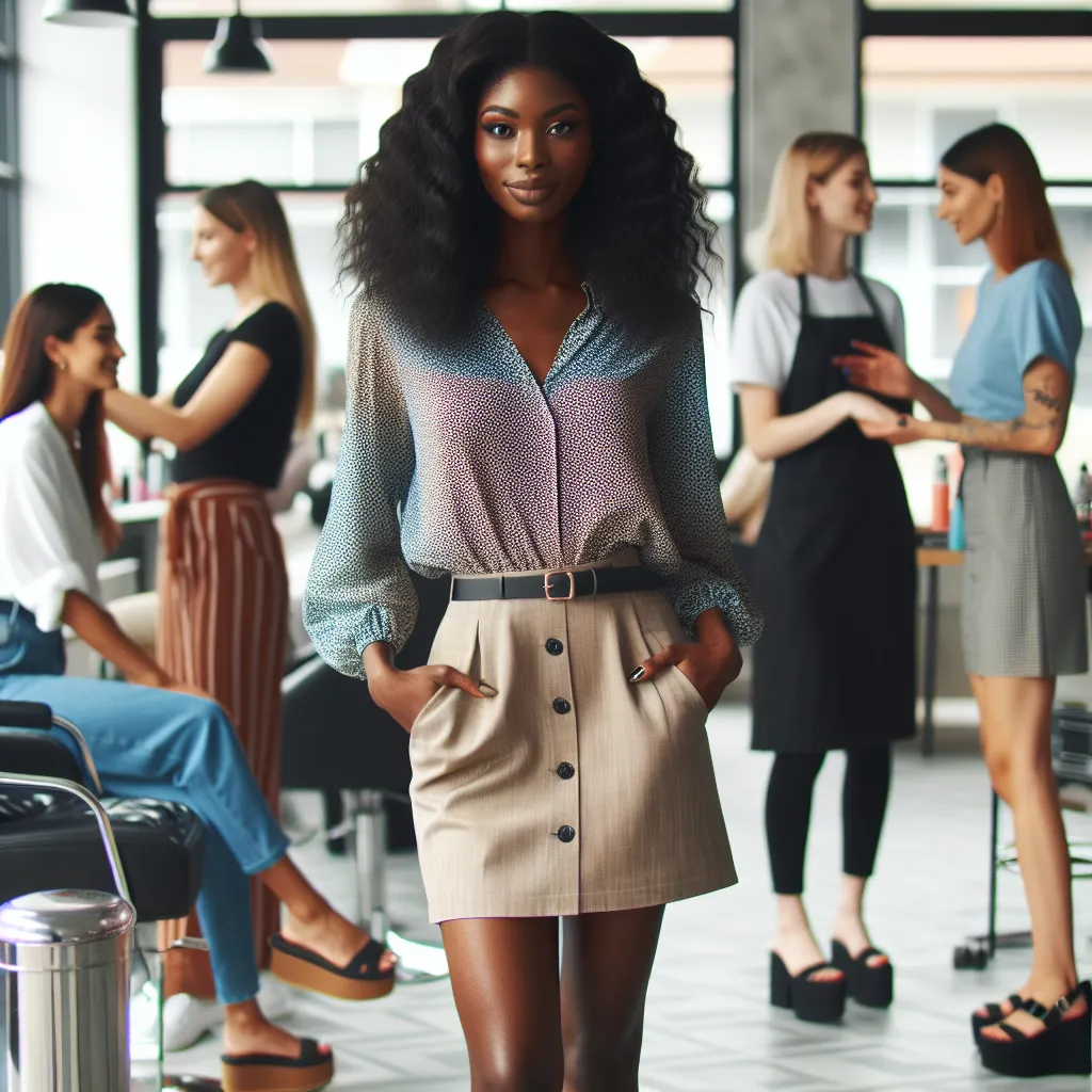 A confident African American hair salon owner, wearing a blouse and skirt, stands proudly in her salon, ready to style her clients' hair. She is surrounded by fellow stylists, Anita, Lavern, and Denise, who are engaged in a lively conversation. The salon is brightly lit and welcoming, with platform sandals, vibrant nail polish, and a colorful decor.