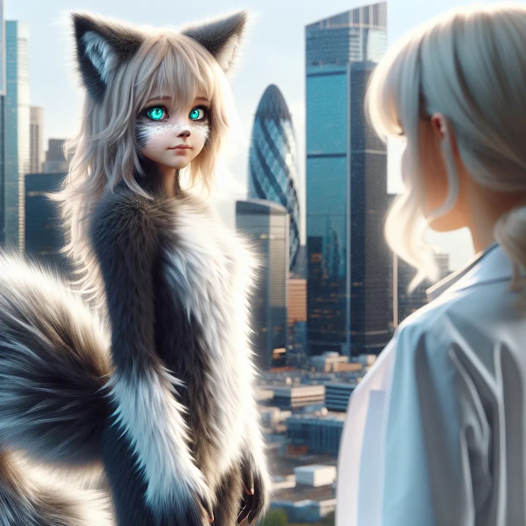 A young girl named Lila stands in front of a towering cityscape, her blond hair now turned black and flowing down her back. Her eyes, once blue, shimmer with a striking green hue. Silver fur covers her cheeks and arms, and a fluffy, ringed tail sways behind her. Next to her stands Dr. Elara Voss, a geneticist, who looks upon Lila with a mix of shock and scientific fascination.