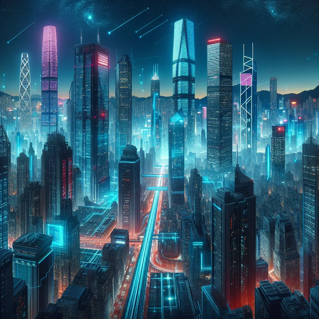 A futuristic cityscape with towering skyscrapers and neon lights illuminating the night sky.