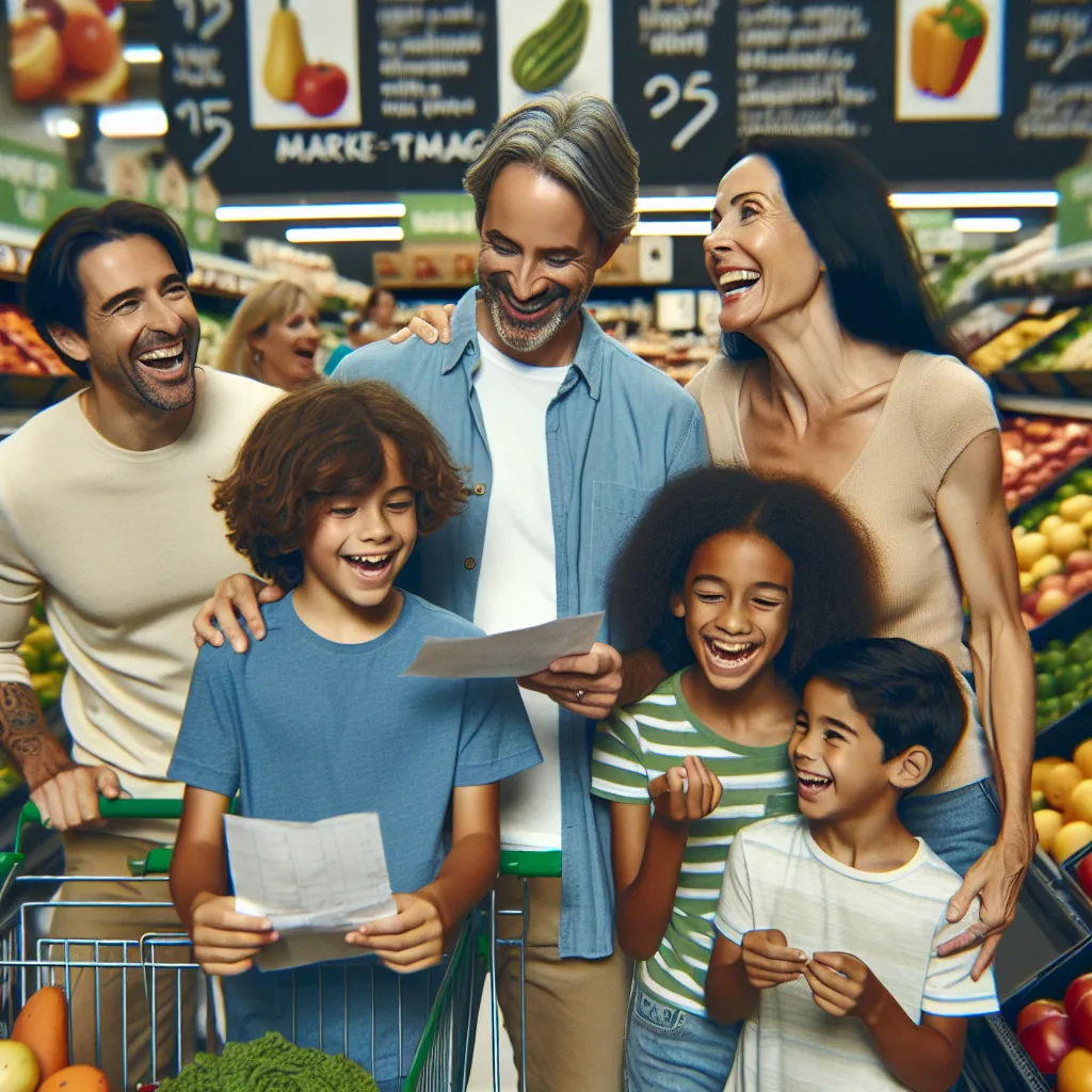 A family of five - Olivia, Ethan, Sophia, Mason, and Noah - go grocery shopping in their local store, MarketMagic. Olivia plans meals, Ethan jokes with Mason, Sophia suggests recipes, and Noah admires colorful produce. The family navigates the aisles together, sharing moments of playfulness and decision-making.