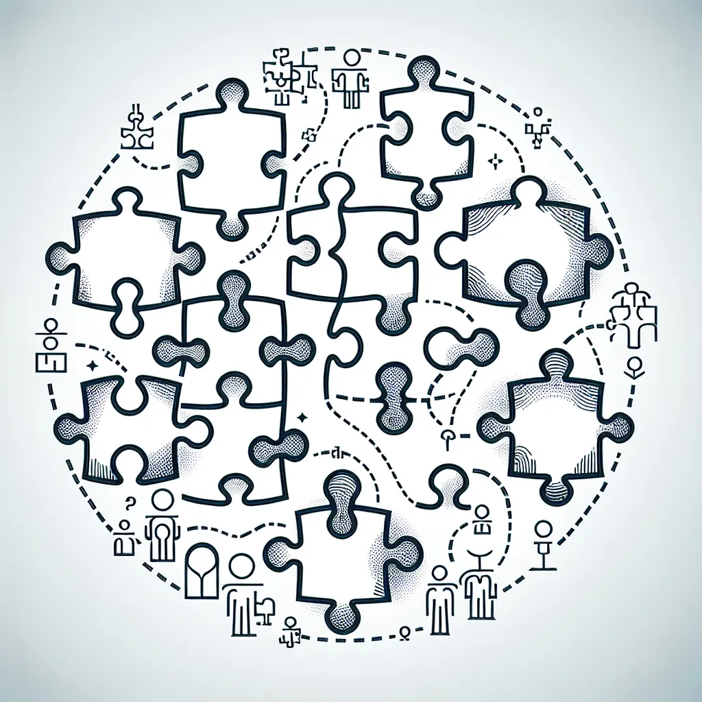 A simple and thoughtful illustration featuring a variety of interconnected puzzle pieces symbolizing communication and collaboration in a team setting.