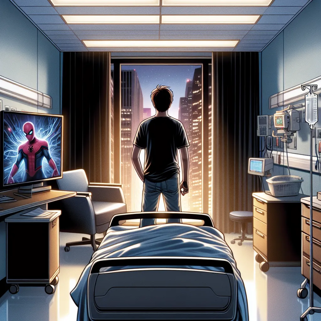 Description: A young man, Malachi Allen, stands at the center of a hospital room, lost in thought. The room is lit with fluorescent lights and displays a television playing an episode of "The Flash". Beyond the window, a city skyline is visible, casting a soft glow over the room. Malachi's hand trembles as he comes to the realization that he has somehow entered the world of the show. With a mix of confusion and determination, he begins to explore his new reality and discover his newfound powers 