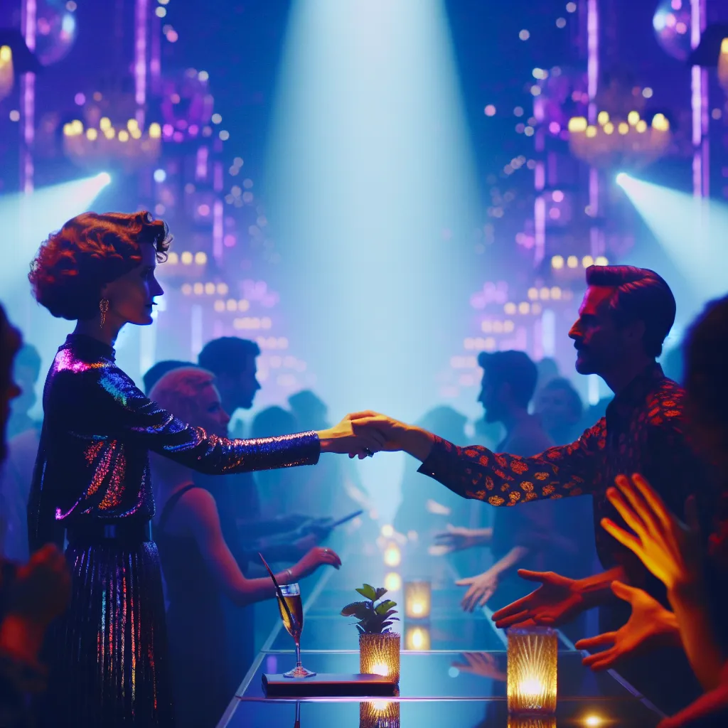 A scene inside a nightclub: Alina, owner of Eclypse, offers her wrist to Violet, a vampire, in a secretive act of feeding. As Alina tends to Violet's needs, a bond of compassion forms between them in the dimly lit, neon-tinged space.