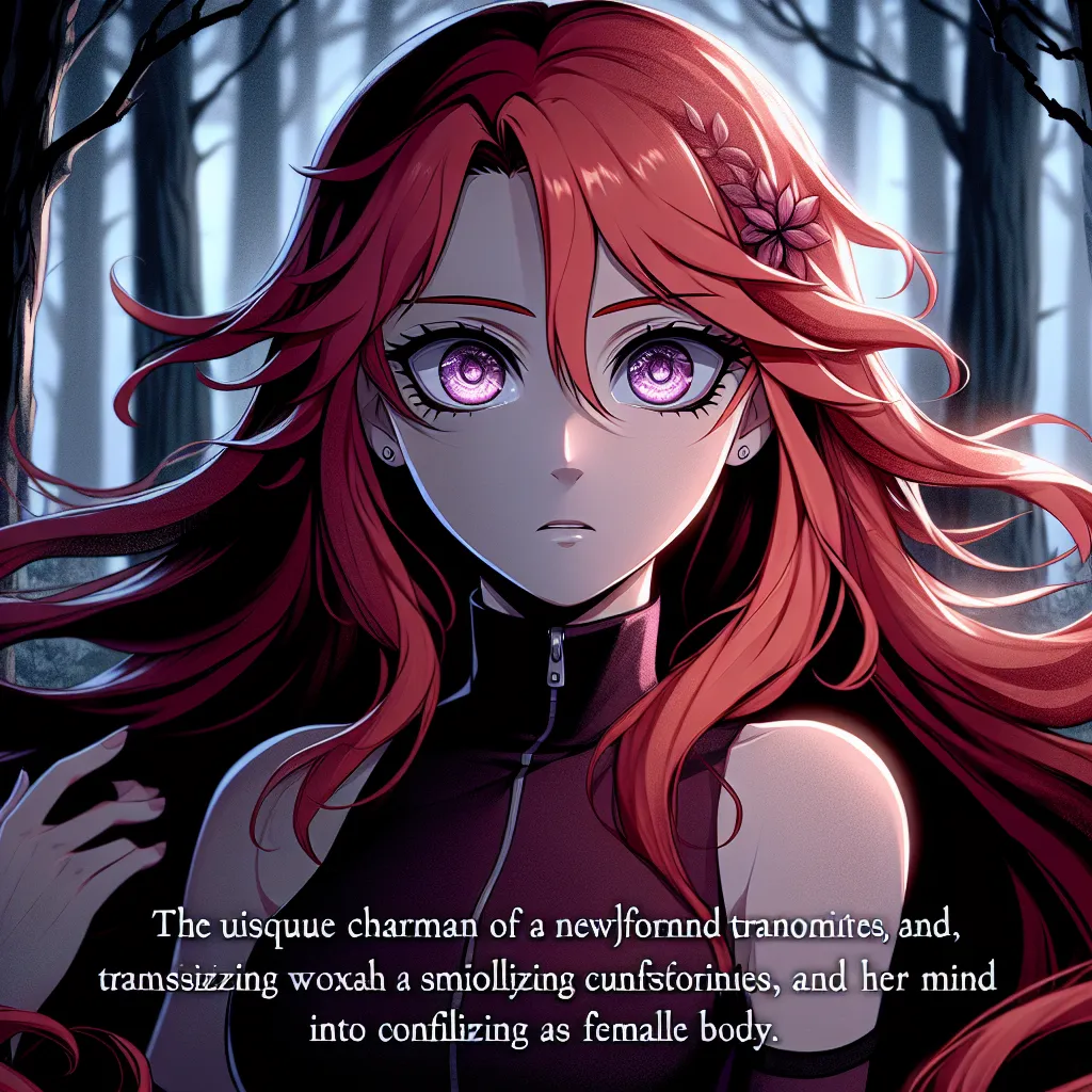 A young girl with long red hair and vibrant violet eyes stands in a dark forest, her expression a mix of horror and determination. Her form has undergone a drastic transformation, transitioning from a male to a female body. She struggles with conflicting memories and emotions, but ultimately embraces her new reality as an Uzumaki kunoichi, ready to face whatever challenges come her way.