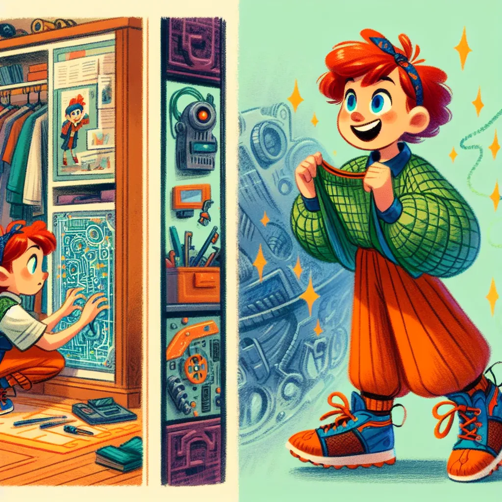 Amy Rose stands in front of a closet as she rummages through her clothes. She holds up a puffy green shirt, blue shoes with orange laces, and a red hair band, with an orange skirt nearby. Amy excitedly dresses in the quirky outfit, nostalgic for her younger days. She heads to Tails' workshop, where he is engrossed in his inventions. A sudden gust of wind blows through, taking her skirt with it, leaving her in her puffy green shirt, blue shoes, and white panties. Embarrassed, Tails offers her spa