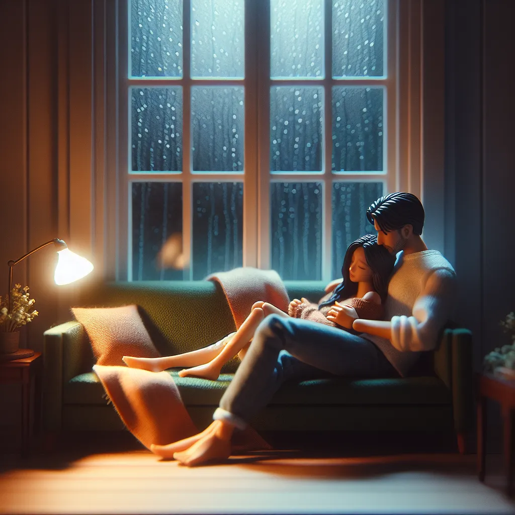 A couple shares a cozy moment on a green couch in a dimly lit room as rain taps against the window. The man playfully pretends to fall asleep, inviting the woman to draw him closer. Their bodies settle into a comfortable embrace, enveloped in a scene of intimate connection amid the storm outside.