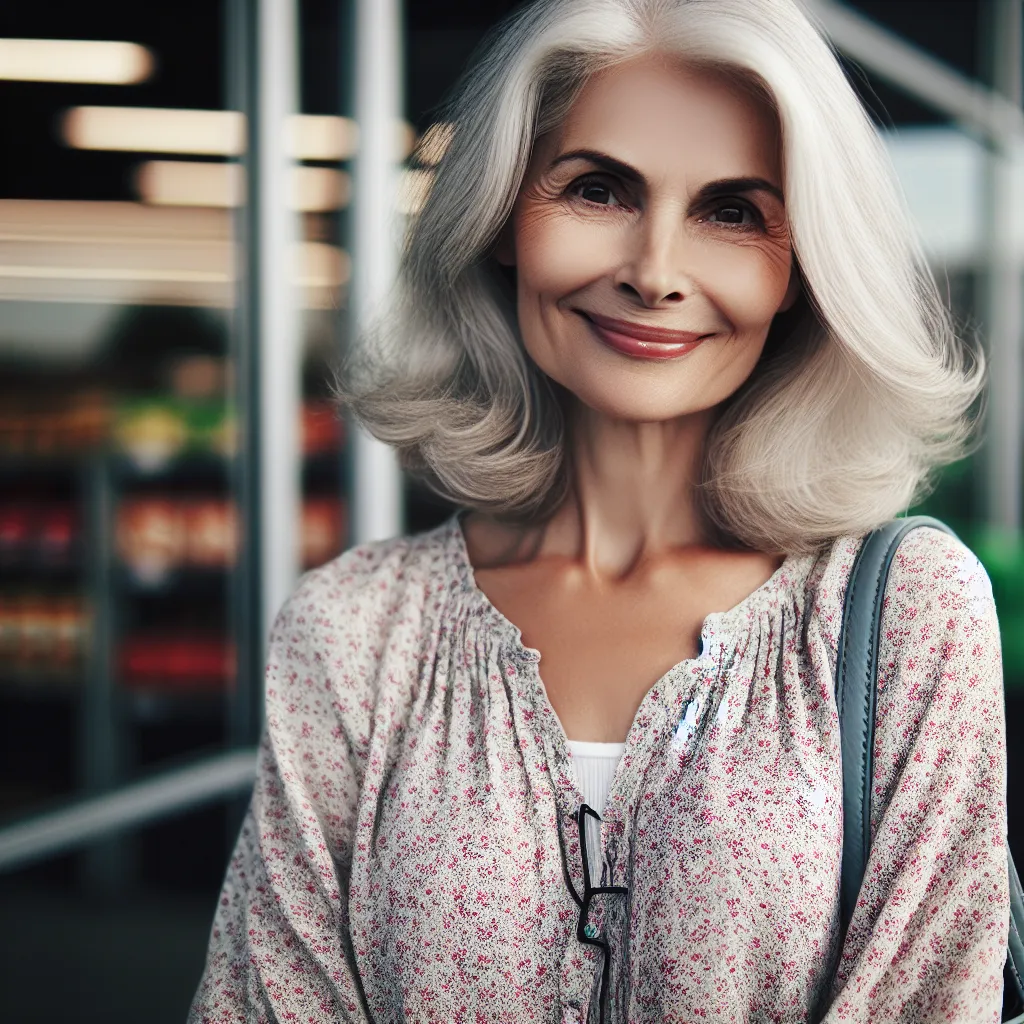 The generated image description is: "A close-up shot of a woman with a kind smile standing outside a grocery store. She has silver hair, is wearing a floral blouse and denim shorts, and carries a large purse. The image captures her charming and seemingly innocent demeanor."