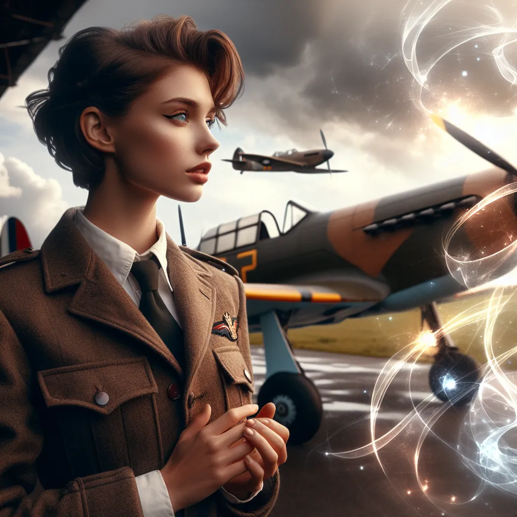 A contemplative young woman with short brown hair wearing a WWII-inspired military flight uniform, gazing thoughtfully at the sky with a backdrop of vintage fighter planes and faint magical, glowing symbols swirling around her—suggesting a clash of technology and magic in a wartime setting.
