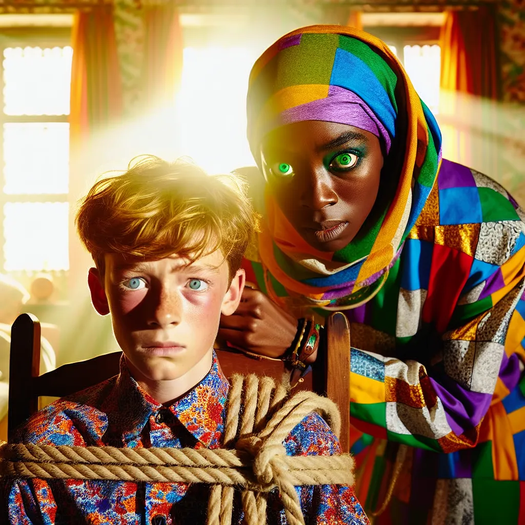 The image captures a dramatic moment as a young boy, Tommy, is tied to a chair by his brother's ex-girlfriend, Zoey, in a bedroom filled with suspense. Zoey, with wild green eyes and colorful, mismatched clothing, is leaning over Tommy, smiling with a hint of madness as she enacts her chilling plan. The room is bathed in sunlight, casting shadows and adding to the tension of the scene.