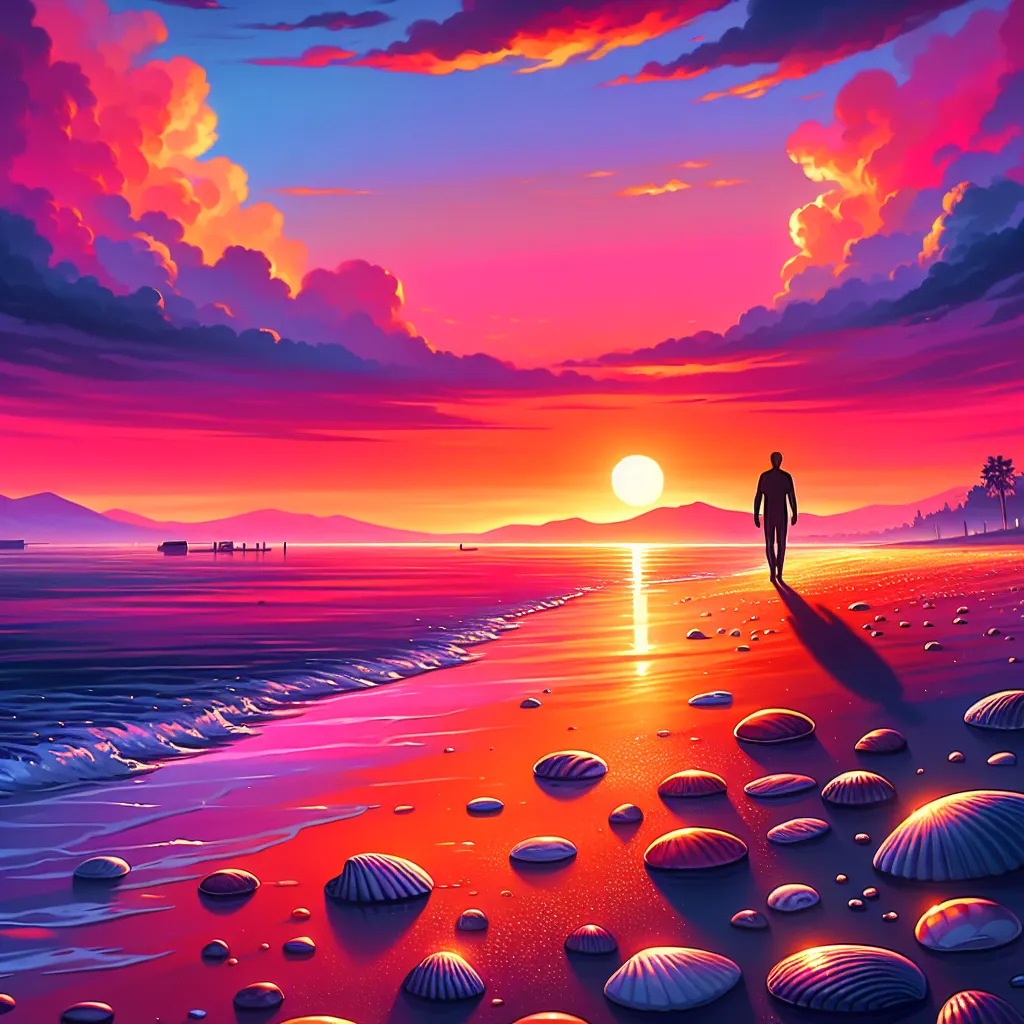A vibrant sunset over a serene beach with scattered seashells and a lone silhouette of a person walking along the shore.