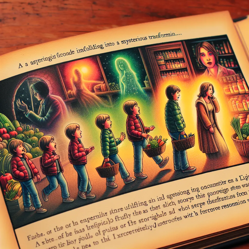A mesmerizing image capturing a young boy's adventure unfolding into a mysterious transformation. The picture showcases the boy named Timmy, his encounter with Linda at a grocery store, and the enchanting sequence as he transitions to embrace a new identity as Linda. The scene is filled with vivid details, from Timmy's initial excitement to Linda's contemplative moments amidst fresh produce and healthier food choices, symbolizing a profound shift towards self-discovery and acceptance.