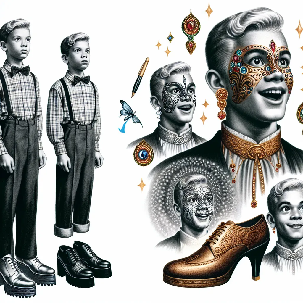 This image depicts a young boy, Jamie, experiencing a fantastical transformation into a grown woman named Vivienne. As he tries on a pair of high-heeled platform sandals, his body morphs to match hers, reflecting the sensual elegance and maturity of Vivienne. The image captures the moment of shock and confusion as Jamie, now embodying Vivienne, gazes at his unveiled female form, complete with jewelry, makeup, and refined attire.