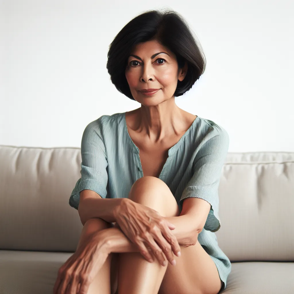 An image of a young Asian woman, Eun-ji, in her early 60s, sitting on a couch, with a short black bob and elegantly crossed legs, reflecting on her new life and the challenges she has faced during her transformation from a 7-year-old boy named Benjamin.