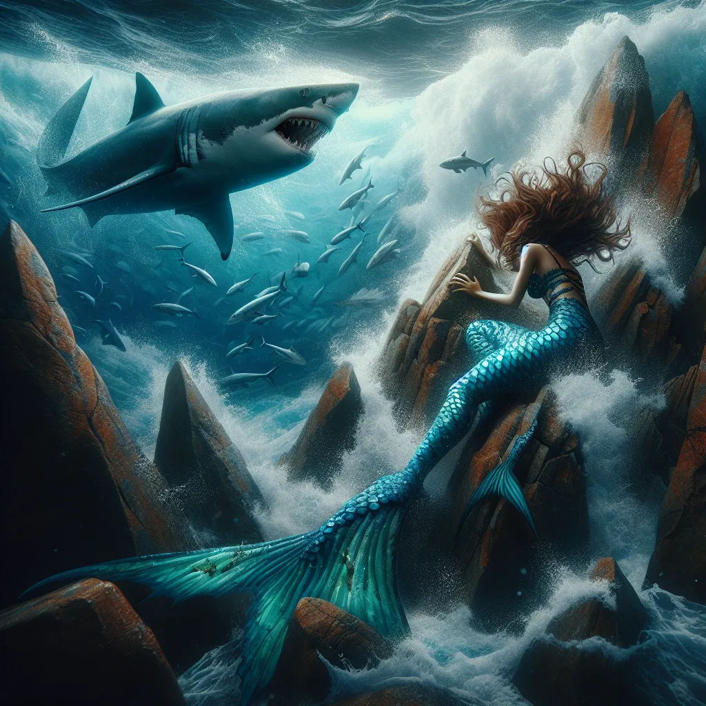 A mermaid with a beautiful blue and green scaled tail is trapped between jagged rocks underwater, as a great white shark circles closer. Her hair writhes around her face, threatening to choke her, as she desperately tries to free herself. With a final, desperate effort, she breaks free and swims to the surface, filled with relief and determination to learn to live as a mermaid in the ocean.