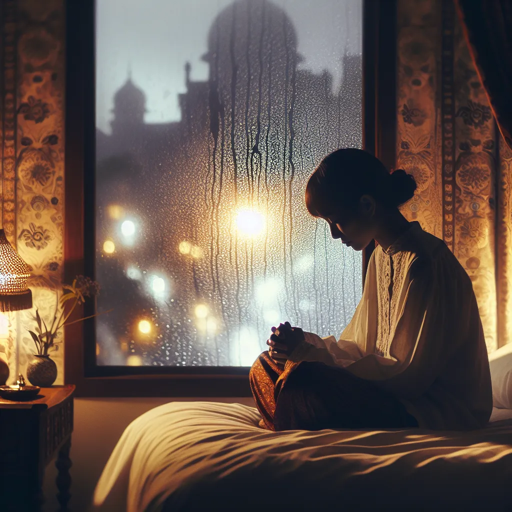 An intimate scene set in a softly lit bedroom on a rainy night, where a woman grapples with desire, vulnerability, and the ache of being misunderstood in a romantic embrace.