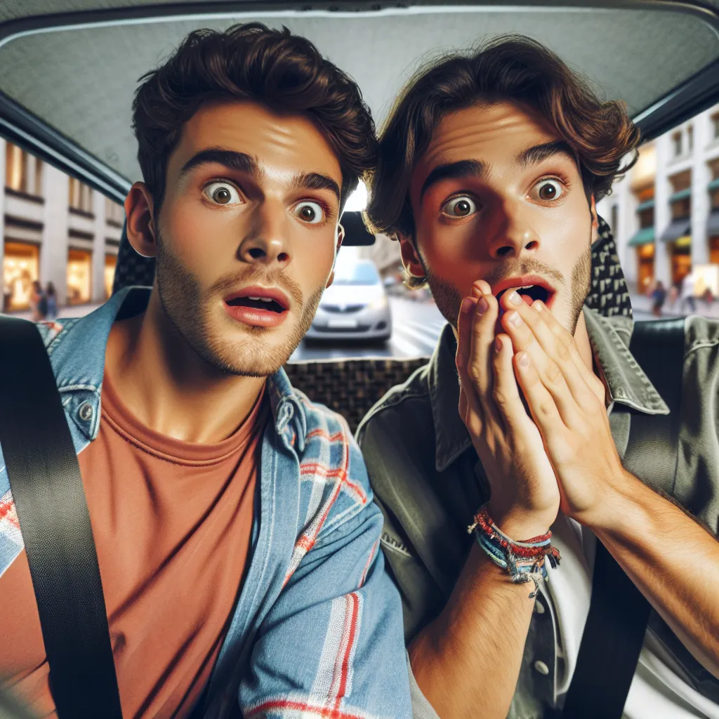 Two friends, one in his friend's mom's body, sit in a car with surprised expressions. The background shows a busy street.