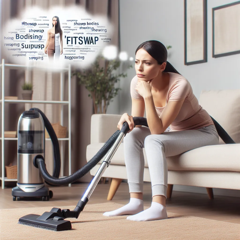 A person, in the body of their best friend's mom, vacuums a living room while reflecting on the challenges and ethical dilemmas of swapping bodies through the FitSwap app.