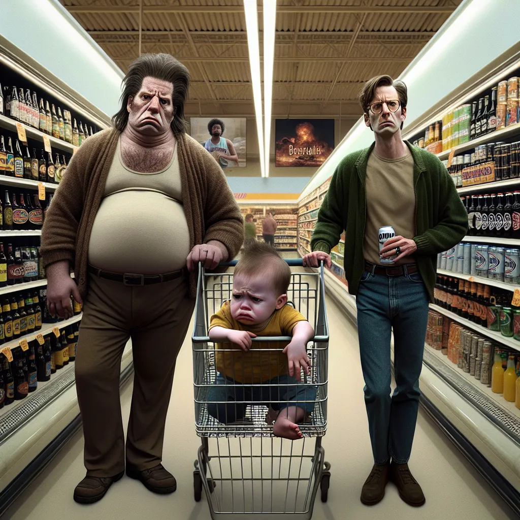 The image accompanying this story should depict Peter and Brian standing in a grocery store aisle with determined expressions on their faces. They should be surrounded by a variety of spirits and ales, with the Beer (Brand) prominently displayed. Stewie should be shown wriggling restlessly in the shopping cart, his tiny frustrated voice barely audible. The image should capture the tension and anticipation in the air, conveyed through the hum of fluorescent lights and the pallid glow it casts on 