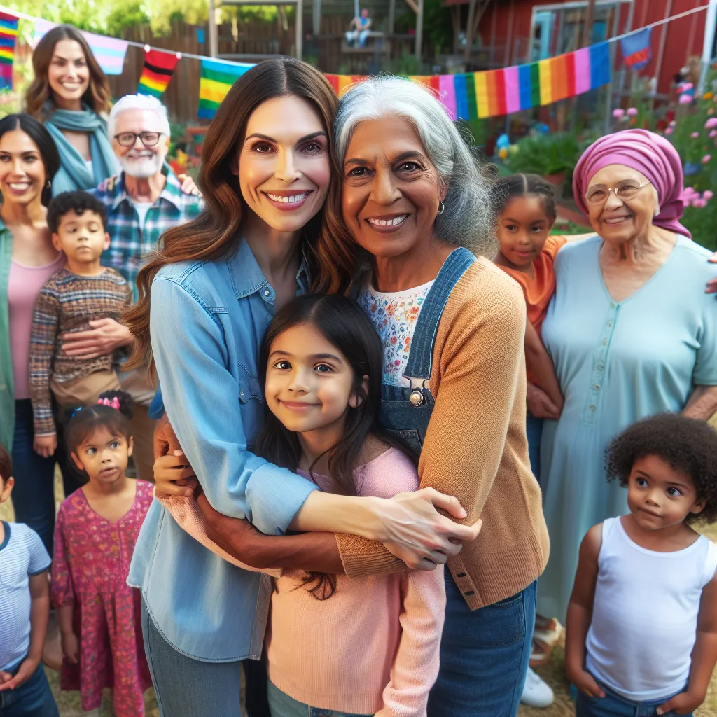 A heartwarming image of Tommy, now Sofia, standing in a vibrant community garden, surrounded by children and elders, embracing her newfound role and celebrating the unity of diverse cultures.